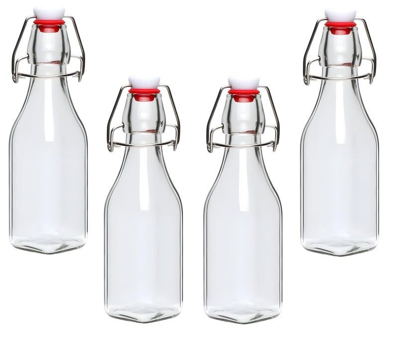 yomith Glass Bottle 250ml Airtight Rubber Seal Leakproof Flip Cap Freezer Safe for Home Beverages Water Juice Wine Milk Oil Soda Square Pack Of 4 - Image 1