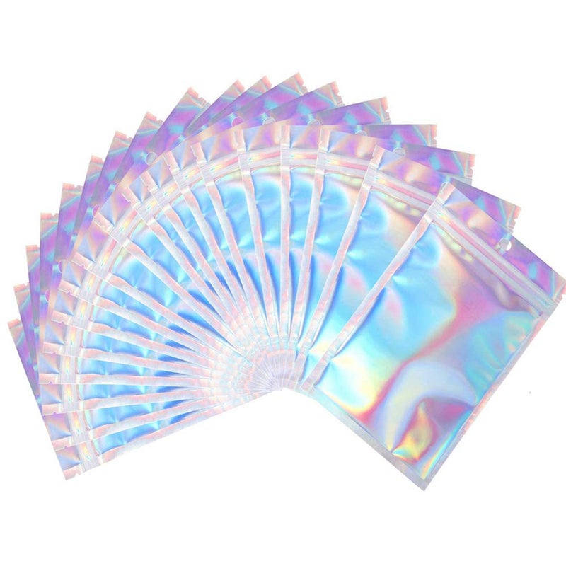 100 Pieces Mylar Ziplock Bags Resealable Smell Proof Bags Foil Pouch Bag Flat Ziplock Bag for Party Favor Food Storage Holographic Color 8 x 13 cm