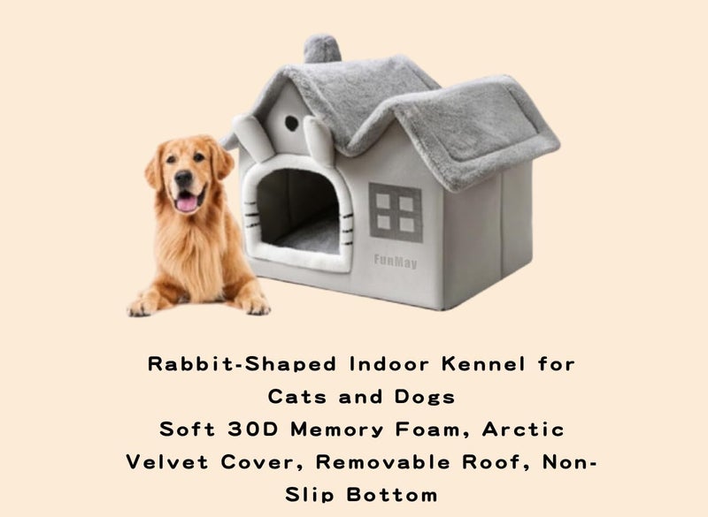 FunMay Luxury Foldable Pet House for Cats, Small Dogs & Small Animals – Double Roof Bunny-Shaped Indoor Kennel, 30D Memory Foam, Removable & Washable Cushion, Anti-Slip Base S/M/L/XL Available (Grey, M) - Image 2