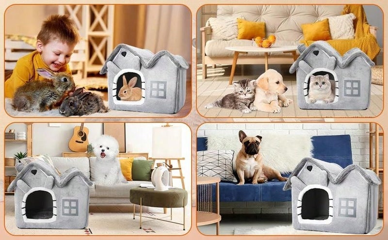 FunMay Luxury Foldable Pet House for Cats, Small Dogs & Small Animals – Double Roof Bunny-Shaped Indoor Kennel, 30D Memory Foam, Removable & Washable Cushion, Anti-Slip Base S/M/L/XL Available (Grey, M) - Image 5