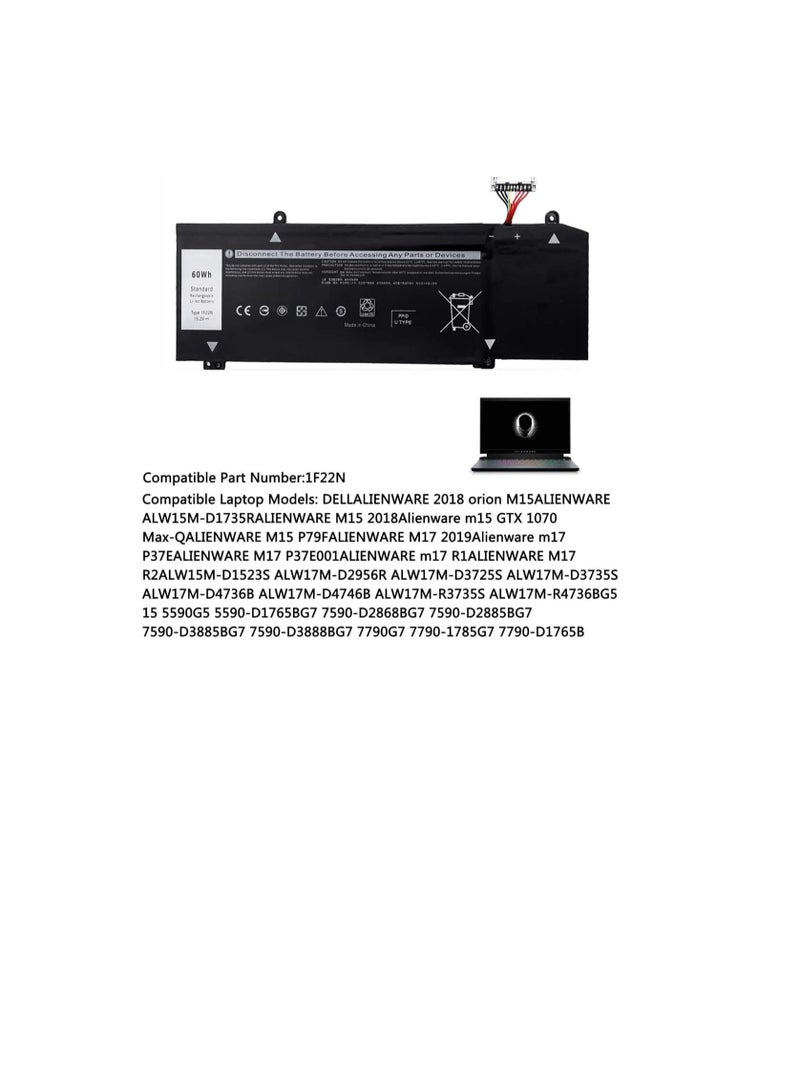 بطارية بديلة للكمبيوتر المحمول 1F22N متوافقة مع Dell Alienware 2018 M15 P79F M17 R1 R2 P37E P37E001 متوافقة مع Dell G7 7590 G7 7790 G5 5590 5590-D2783W D2743B D2843W HYWXJ JJPFK 15.2V 60Wh - Image 2