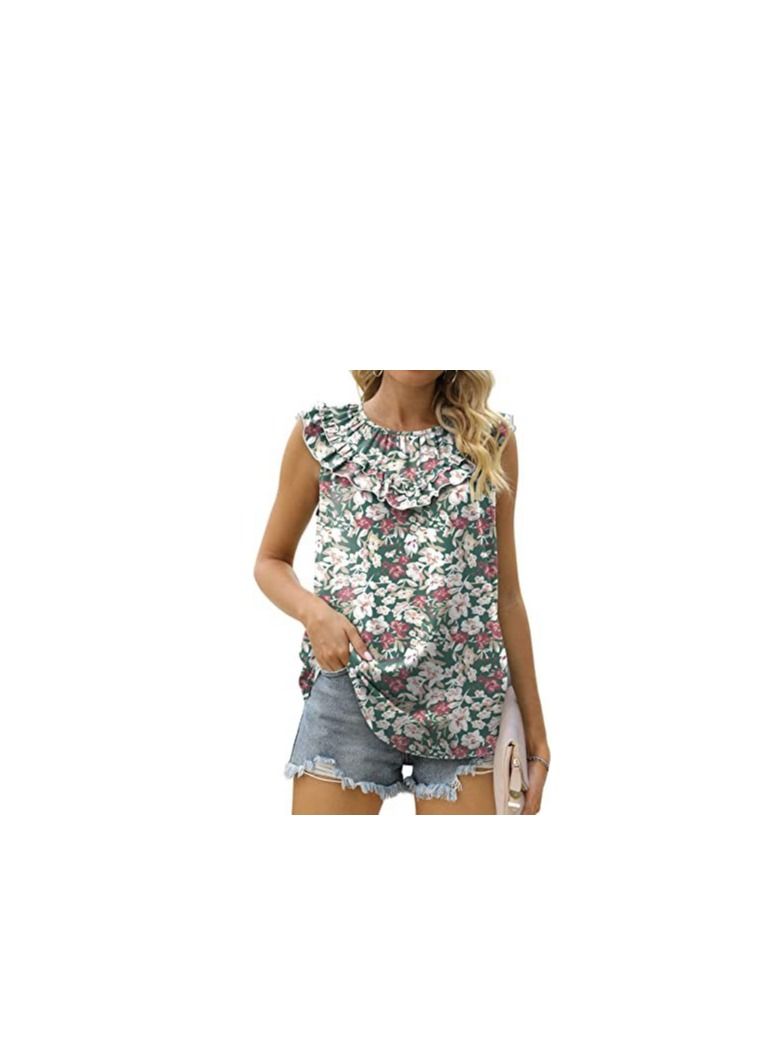 Loquat Women's Summer New Sleeveless Round Neck Chiffon Pleated Print Vest  - Image 1