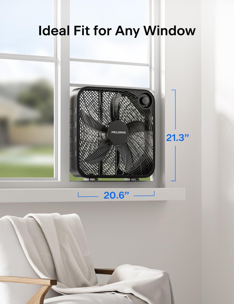 PELONIS 20 Inch Box Fan for Bedroomâ€“ 3 Speeds, 25ft/s, Floor Fan, Window Fan, Table Fan, Desktop Fan with Superior Air Throw (2295 CFM), Lightweight, 5 Blades, suitable for Office, Living Room, Garage - Image 3