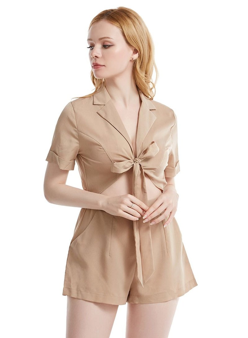 إسكدنيا Lady's Solid Color Jumpsuit One-Piece Short Sleeve Top And Shorts Khaki  - Image 1
