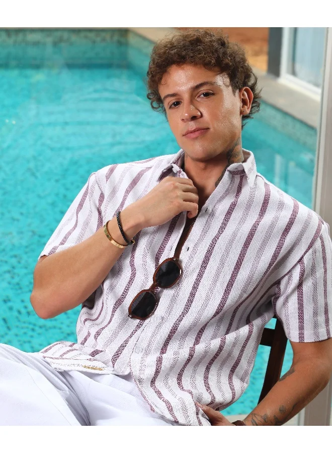 Campus Sutra Men's Ivory White & Burgundy Red Pencil-Striped Shirt For Casual Wear | Spread Collar | Short Sleeve | Button Closure | Shirt Crafted With Comfort Fit For Everyday Wear