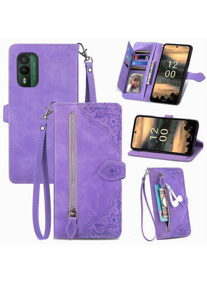 اس-توب جراب هاتف Nokia XR21 من الجلد بسحاب منقوش عليه زهور - Image 1