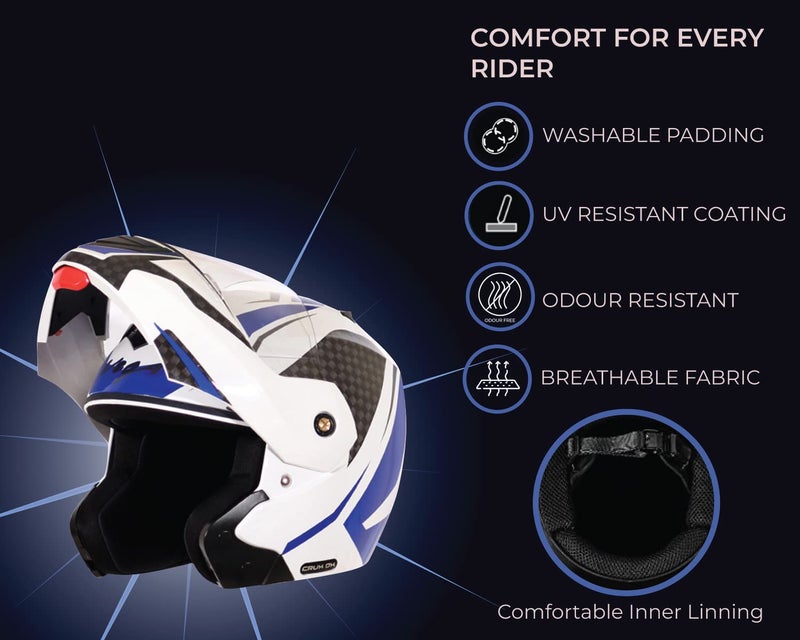 Vega Crux Dx Checks ISI Certified Gloss Smooth Finish Flip-Up Helmet for Men and Women with Clear Visor(White Blue, Size:L) - Image 4