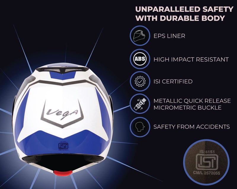 Vega Crux Dx Checks ISI Certified Gloss Smooth Finish Flip-Up Helmet for Men and Women with Clear Visor(White Blue, Size:L) - Image 5