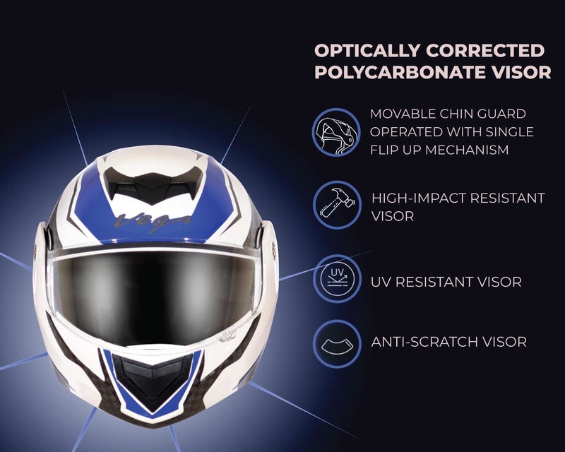 Vega Crux Dx Checks ISI Certified Gloss Smooth Finish Flip-Up Helmet for Men and Women with Clear Visor(White Blue, Size:L) - Image 3