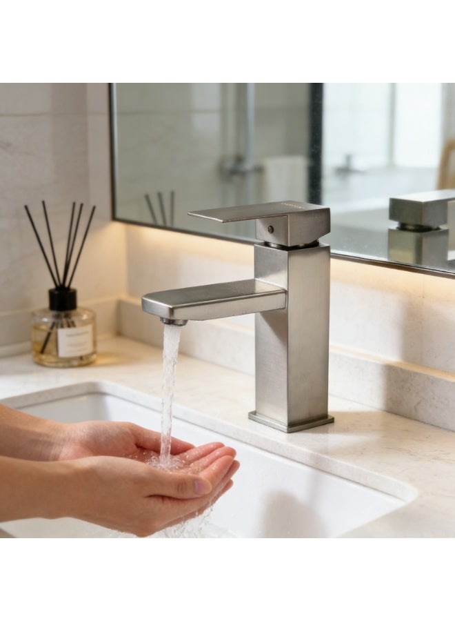 Square single-hole basin faucet single-hole square single-handle bathroom dressing table faucet with metal drain pipe (gun ash) - Image 2