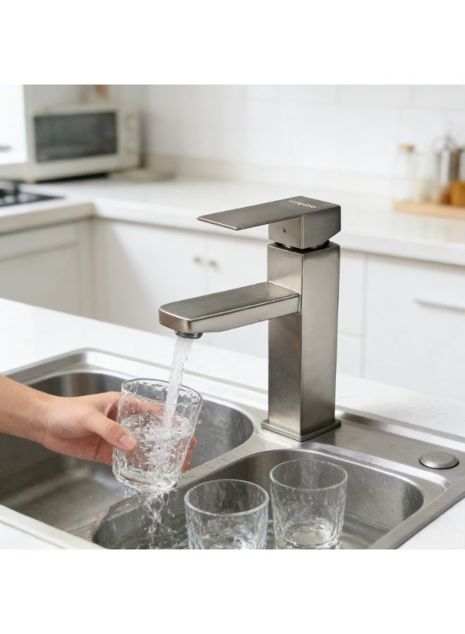 Square single-hole basin faucet single-hole square single-handle bathroom dressing table faucet with metal drain pipe (gun ash) - Image 3