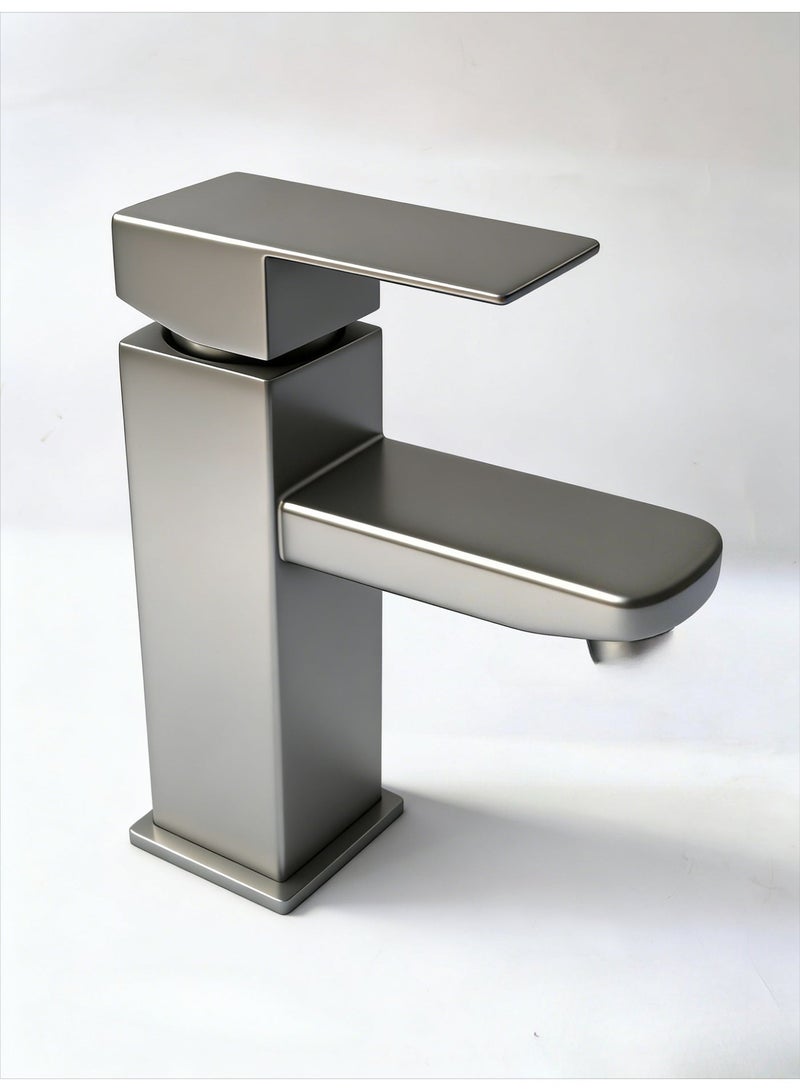 Square single-hole basin faucet single-hole square single-handle bathroom dressing table faucet with metal drain pipe (gun ash) - Image 1