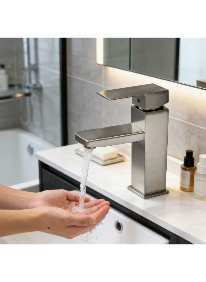 Square single-hole basin faucet single-hole square single-handle bathroom dressing table faucet with metal drain pipe (gun ash) - Image 4