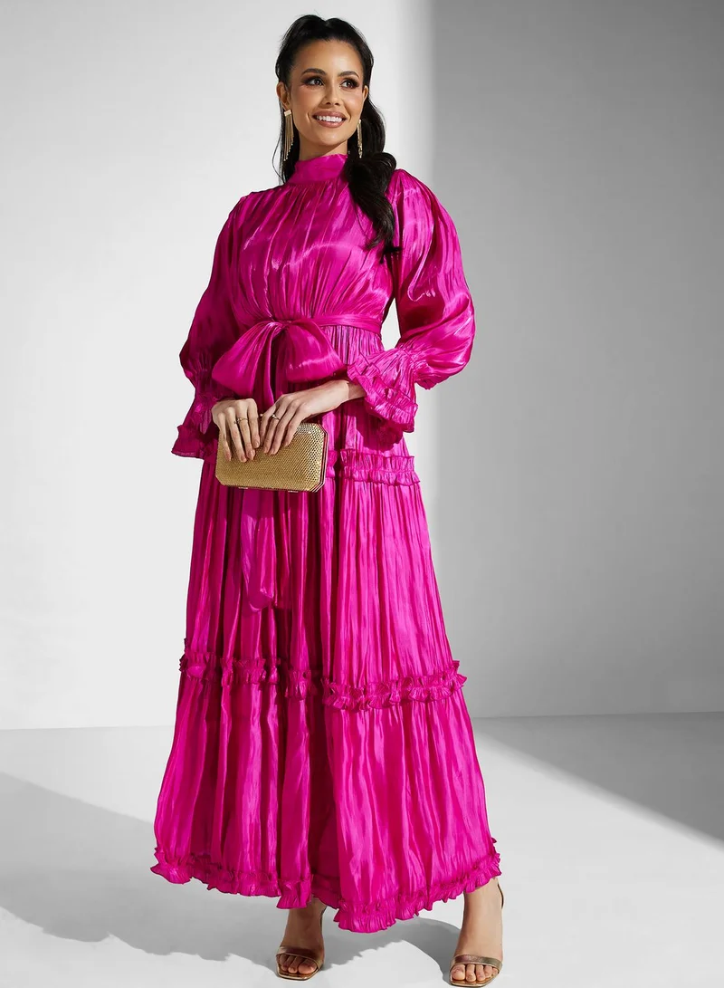 Golden Apple Magenta Ruffle Maxi Dress