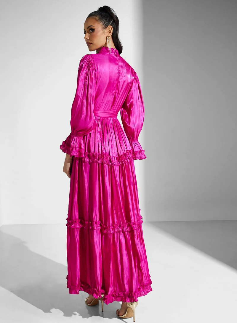Golden Apple Magenta Ruffle Maxi Dress