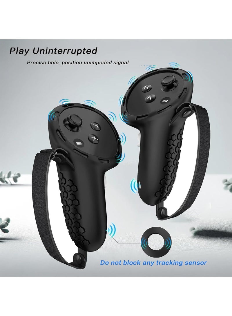 Oculus كويست 3 تحكم مقبض , مريحة بو الجلود سيليكون حالة , حزام تحكم معصمه , 2 قطعة لعبة قضيب حماية , متا كويست 3 أجزاء مع دقة موقف ثقب ( أسود ) - Image 2