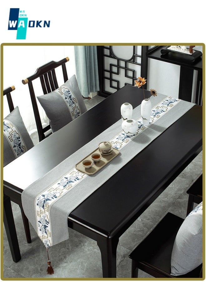 WAOKN - Chinoiserie Floral Embroidered Table Runner, Vintage Elegant Tea Table Tablecloth, Family Dining Party Table Decoration (33x180 cm) - Image 1