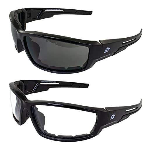 Birdz Eyewear Swoop Anti-Fog Padded Motorcycle Sunglasses Riding Glasses 2 Pairs Black Frame with Clear & Smoke Lenses for Day & Night ANSI Z87 .1 (Clear/Smoke) - Image 1