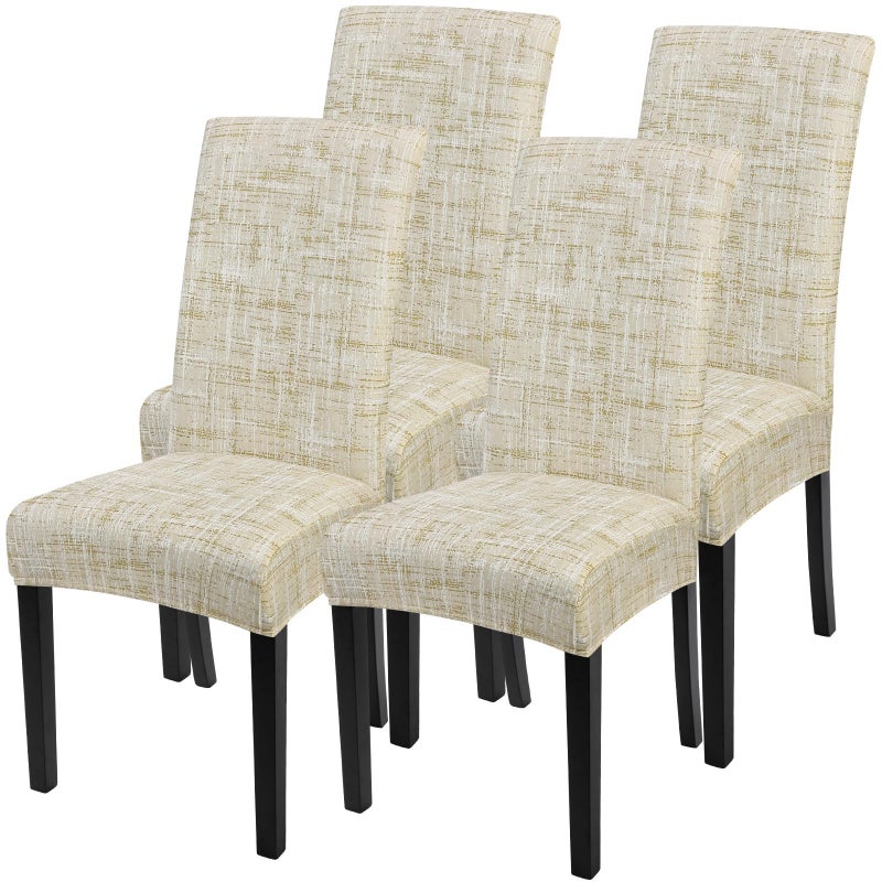 SearchI Dining Room Chair Covers Set of 4 Stretch Printed Parsons Chair Slipcovers Removable Washable Kitchen Chair Protector Cover for Dining Room Hotel Ceremony Beige LinenLook Print - Image 2