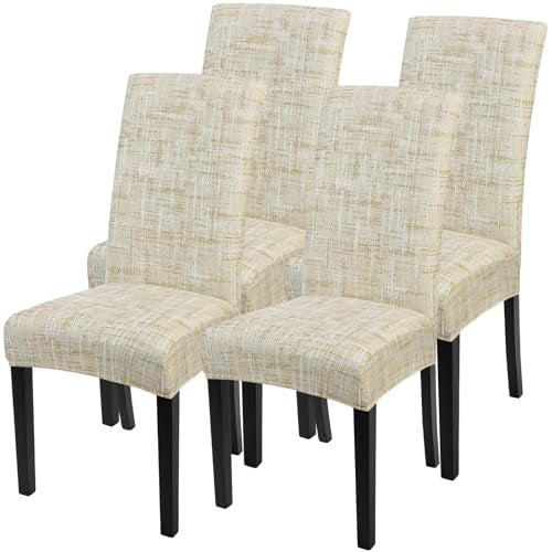 SearchI Dining Room Chair Covers Set of 4 Stretch Printed Parsons Chair Slipcovers Removable Washable Kitchen Chair Protector Cover for Dining Room Hotel Ceremony Beige LinenLook Print - Image 1