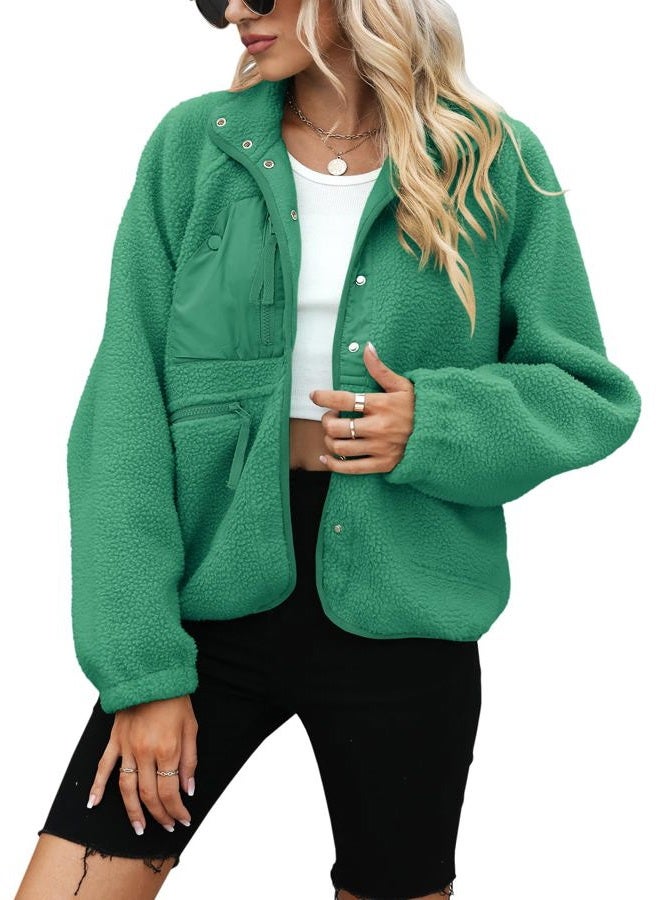 Yanekop Womens Fleece Jacket Fuzzy Long Sleeve Short Winter Coats Button Down Sherpa Jacket Outerwear with Pockets, A Green, L - Image 2