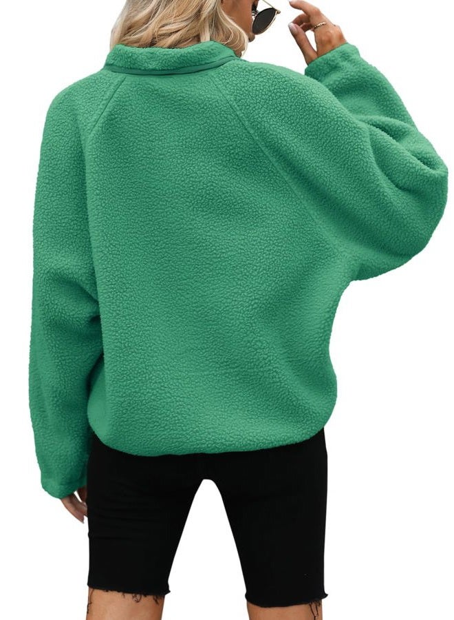 Yanekop Womens Fleece Jacket Fuzzy Long Sleeve Short Winter Coats Button Down Sherpa Jacket Outerwear with Pockets, A Green, L - Image 4