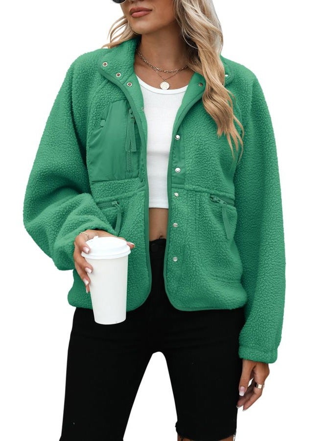 Yanekop Womens Fleece Jacket Fuzzy Long Sleeve Short Winter Coats Button Down Sherpa Jacket Outerwear with Pockets, A Green, L - Image 1