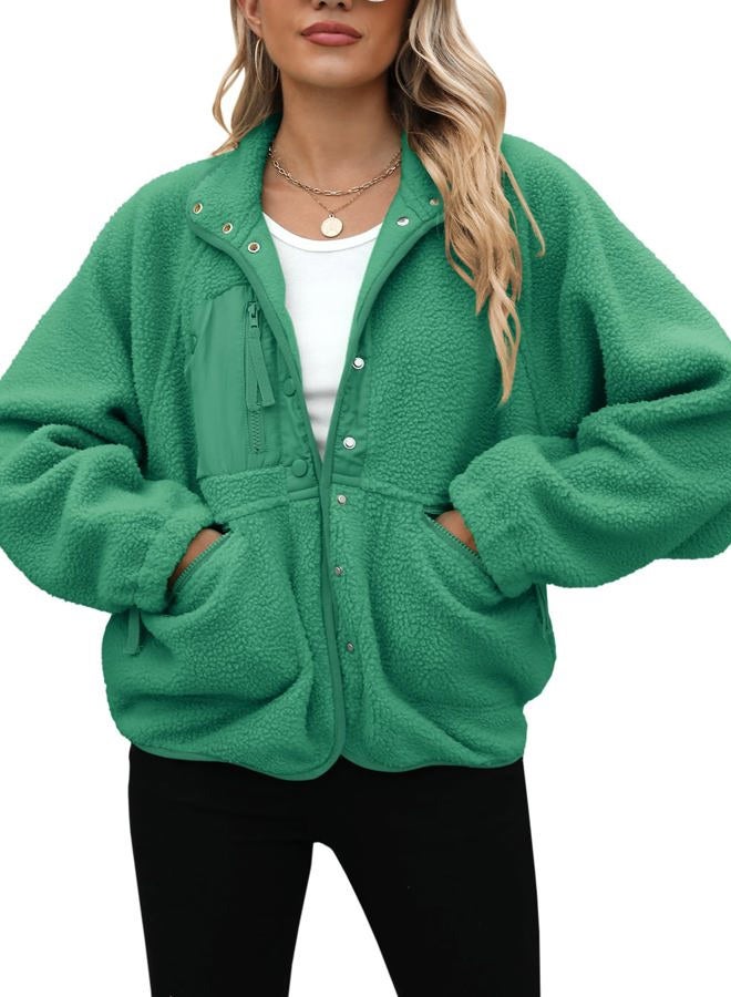 Yanekop Womens Fleece Jacket Fuzzy Long Sleeve Short Winter Coats Button Down Sherpa Jacket Outerwear with Pockets, A Green, L - Image 3