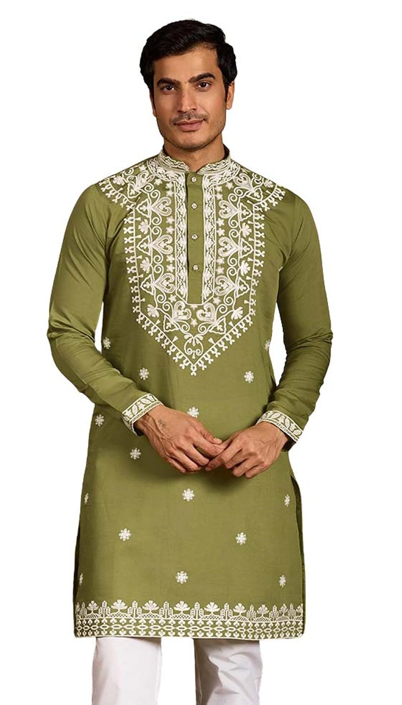 Kalaanj Men's Embroidered Silk Kurta || Only Kurta (KALSS2504MK-mahendi-XXL) - Image 1
