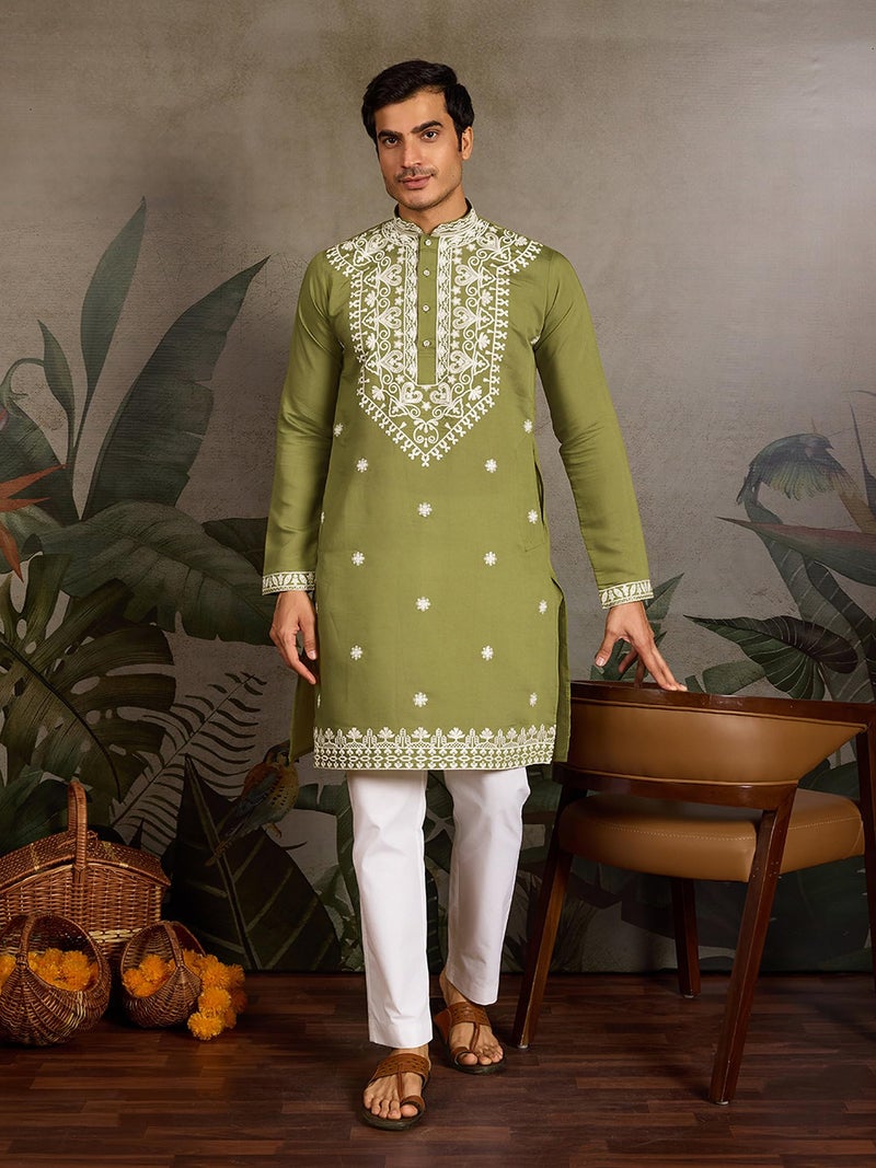 Kalaanj Men's Embroidered Silk Kurta || Only Kurta (KALSS2504MK-mahendi-XXL) - Image 3