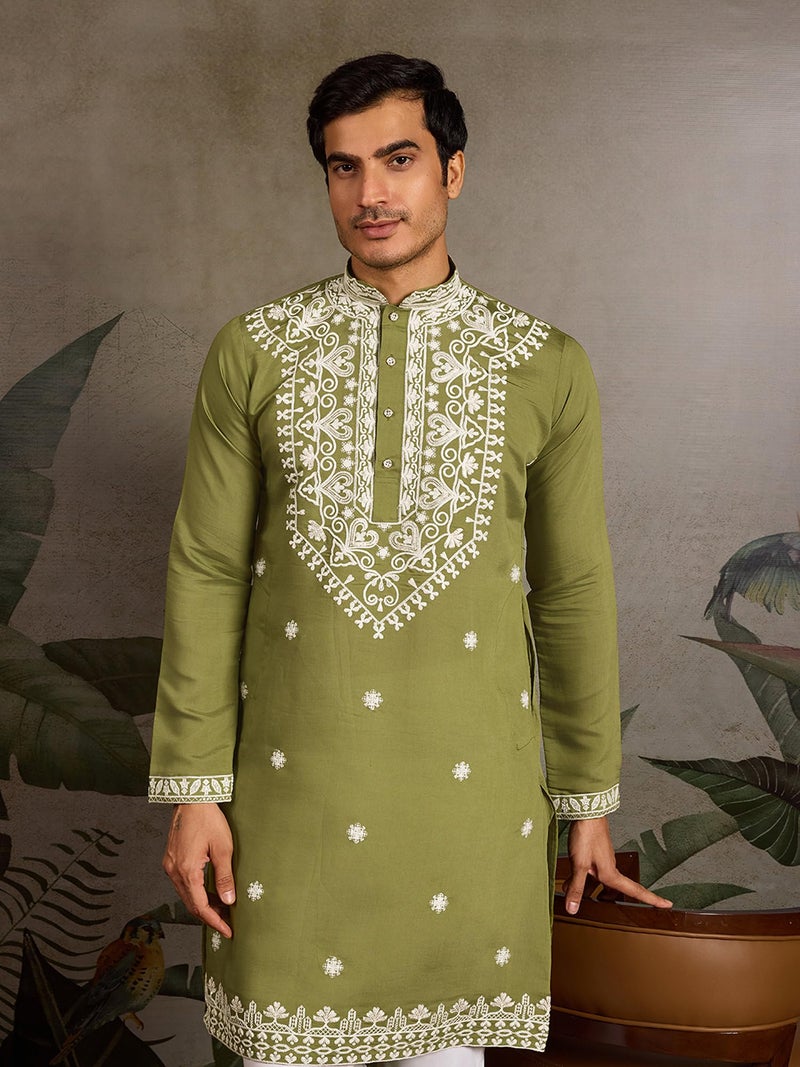 Kalaanj Men's Embroidered Silk Kurta || Only Kurta (KALSS2504MK-mahendi-XXL) - Image 4