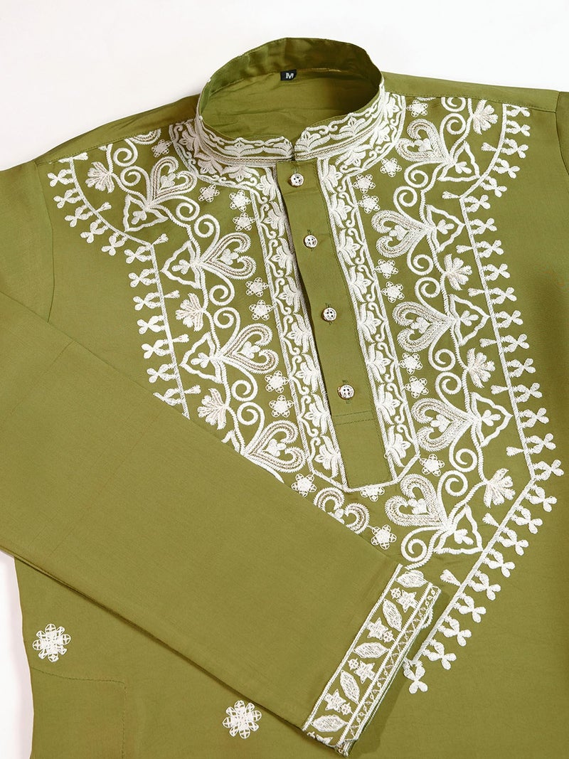 Kalaanj Men's Embroidered Silk Kurta || Only Kurta (KALSS2504MK-mahendi-XXL) - Image 5