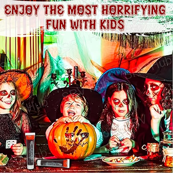 HOVUK Halloween SFX Fake Blood 2x Tubes 30ml and Facepaints with 2 Brush Prosthetic Makeup Halloween Face Paint Fancy Dress Horror Vampire Zombie Make Up Halloween Makeup Kit