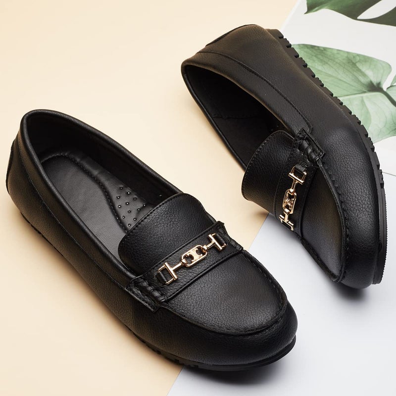 DeYashopin Women's Loafer Shoes Leisure Slip On Work Shoes Comfort Walking Flats Black Leather 8 - Image 3