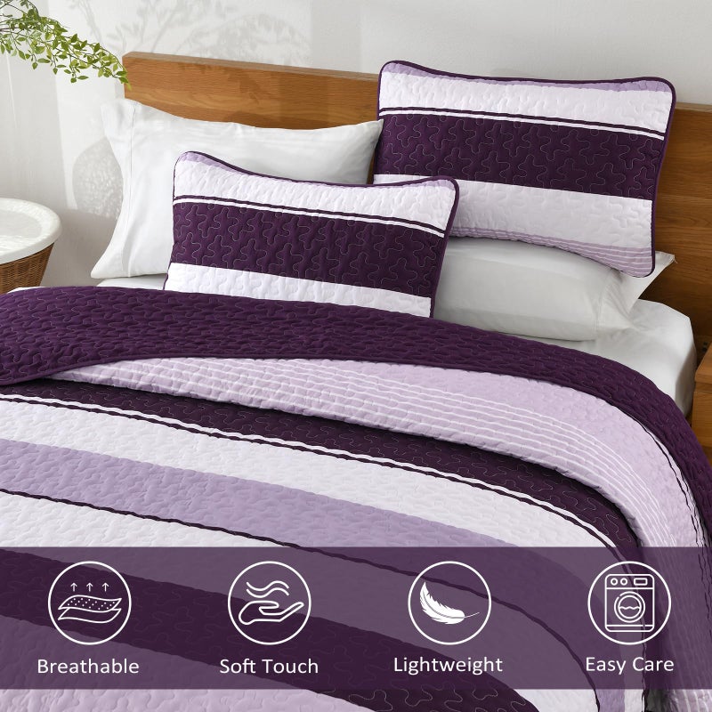 Dinjoy Purple Boho Quilt Set Queen Striped Bedspreads Queen Size Lightweight Farmhouse Quilts 3 Pieces Patchwork Bedding Sets Coverlet Bed Set with 2 Pillowcases for Spring Summer