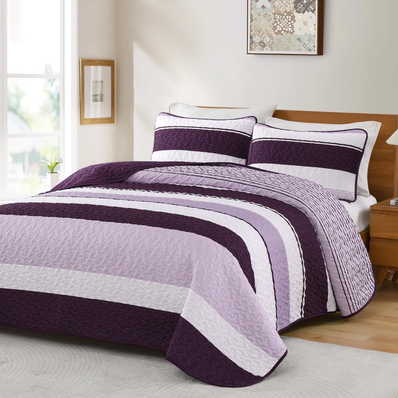 Dinjoy Purple Boho Quilt Set Queen Striped Bedspreads Queen Size Lightweight Farmhouse Quilts 3 Pieces Patchwork Bedding Sets Coverlet Bed Set with 2 Pillowcases for Spring Summer