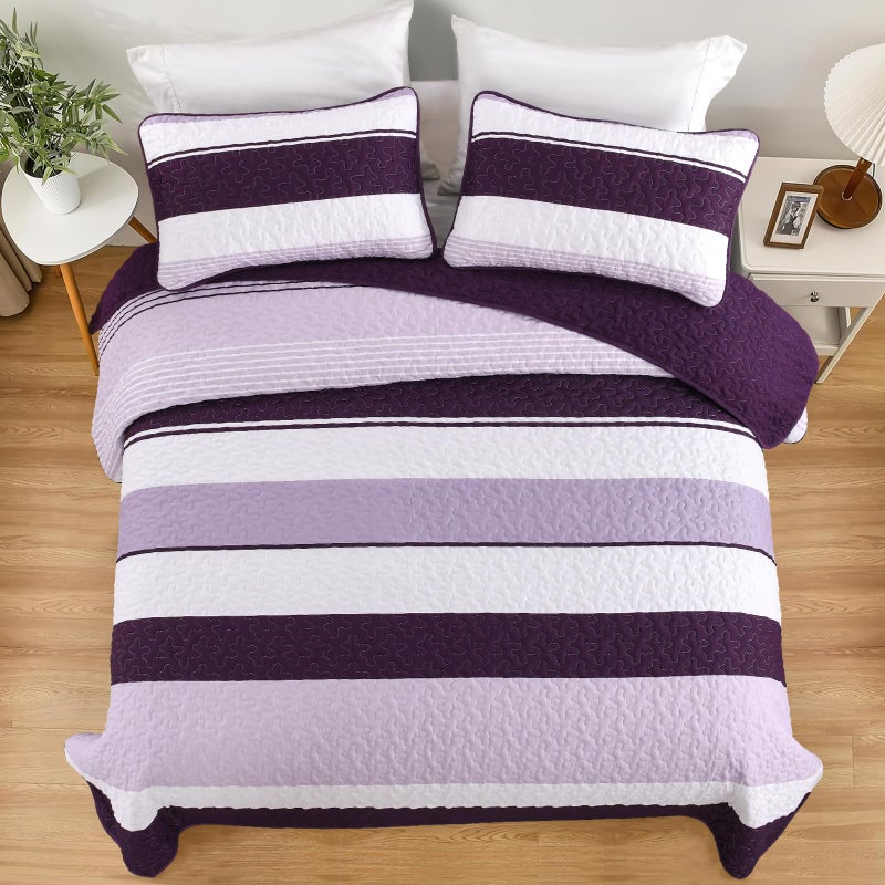 Dinjoy Purple Boho Quilt Set Queen Striped Bedspreads Queen Size Lightweight Farmhouse Quilts 3 Pieces Patchwork Bedding Sets Coverlet Bed Set with 2 Pillowcases for Spring Summer