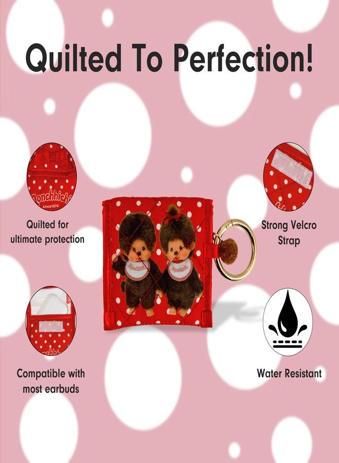Sonix Quilted Earbud Pouch | Premium Cotton Bag Charm for AirPods, Keychain Storage Case Cover with Carabiner Ring | Red Monchhichi - Image 2