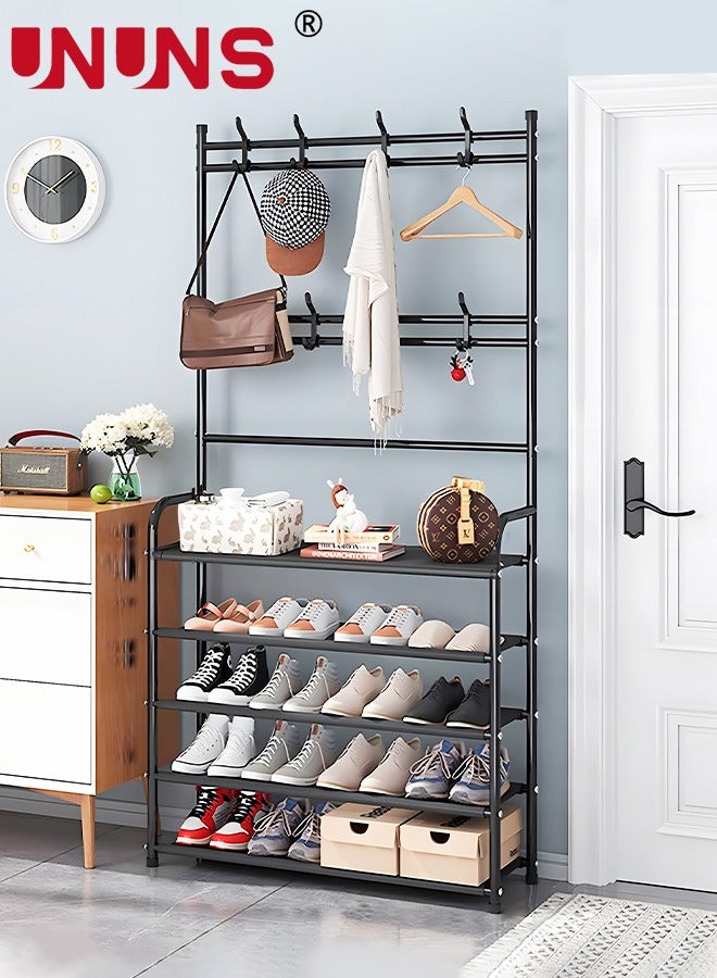 UNUNS 5-Tier Shoe Rack With Coat Rack,8 Hooks Hall Tree Lightweight Metal Shoe Rack Organizer,Multifunctional Coat Rack Shoe Shelf for Apartment Bedroom College Dorm And Entryway - Image 1