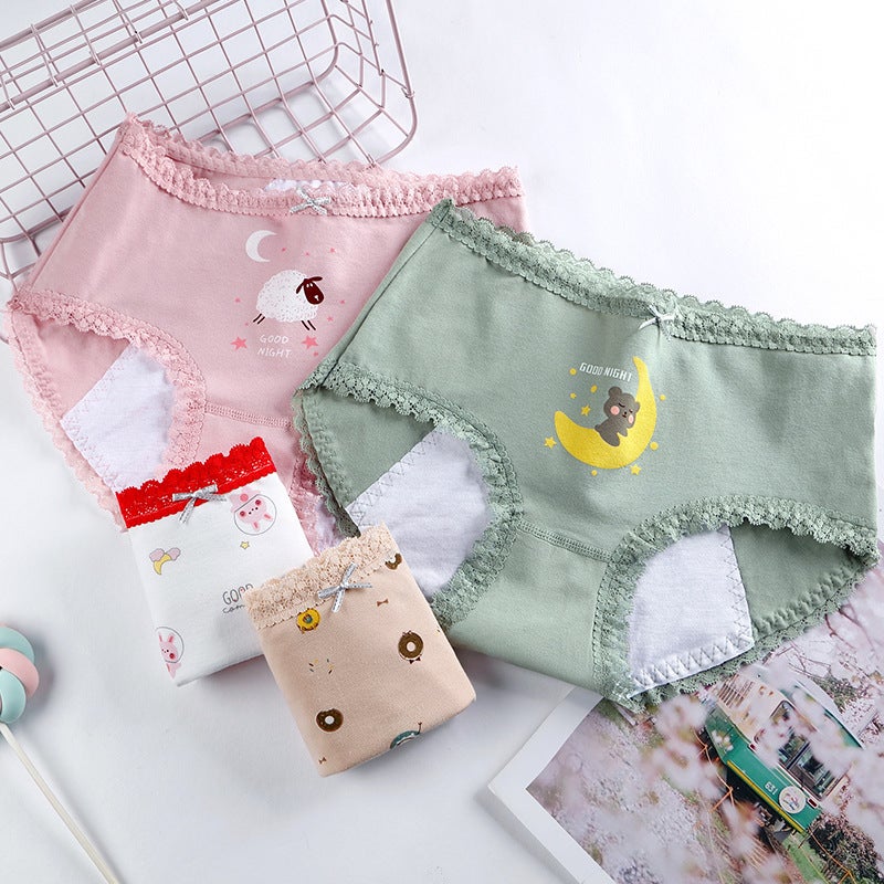 Cotton womens physiological underwear waist printing menstrual anti-side leakage underwear lace anti-leakage aunt pants wholesale Shallow powder