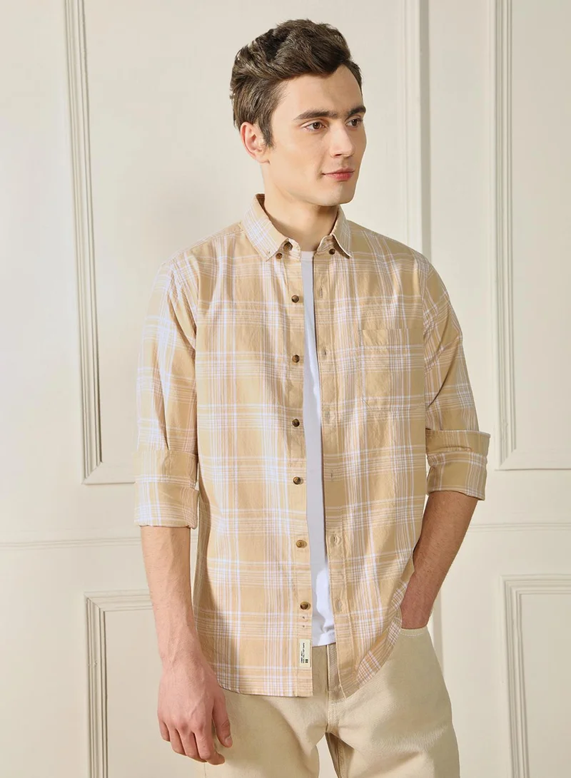 Dennis Lingo Men'S Khaki Cotton Blend Checkered Regular FiT-Shirt