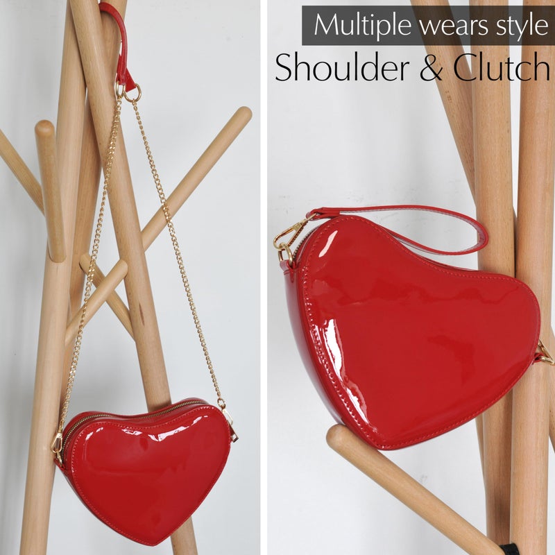 Hoxis Heart Women Shoulder Bag Glossy Vegan Leather Chain Cross Body Bag Cosplay Purse (Red) - Image 4