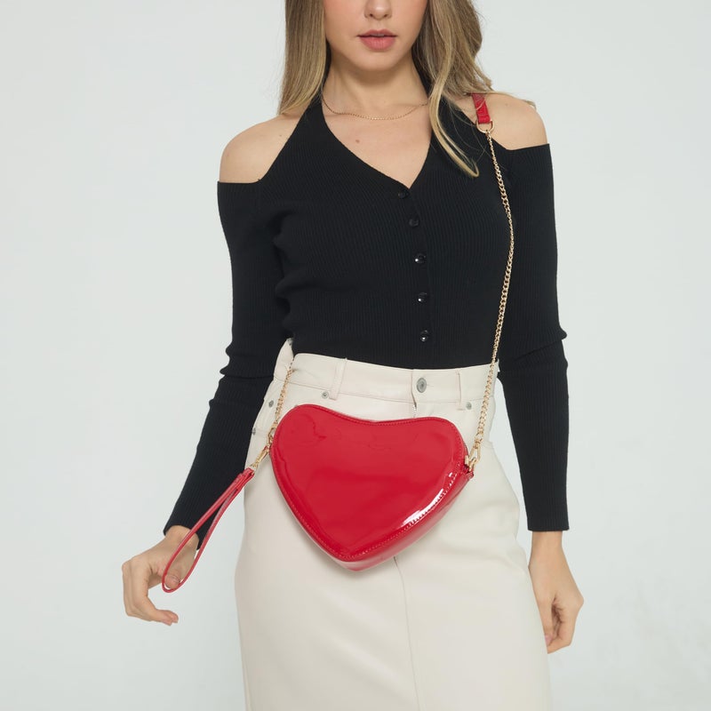 Hoxis Heart Women Shoulder Bag Glossy Vegan Leather Chain Cross Body Bag Cosplay Purse (Red) - Image 3