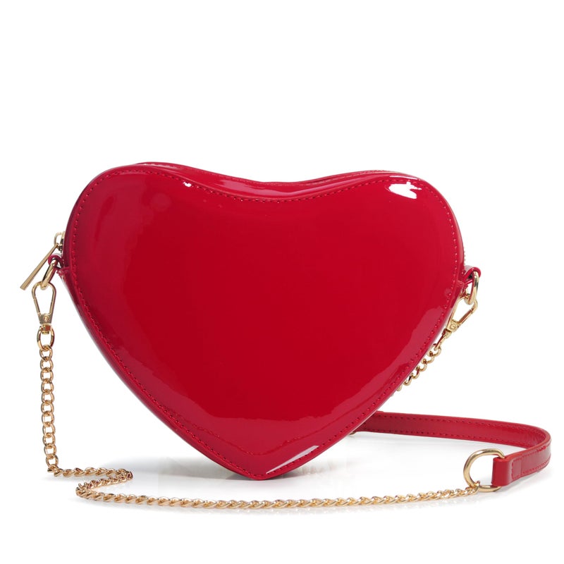 Hoxis Heart Women Shoulder Bag Glossy Vegan Leather Chain Cross Body Bag Cosplay Purse (Red) - Image 1