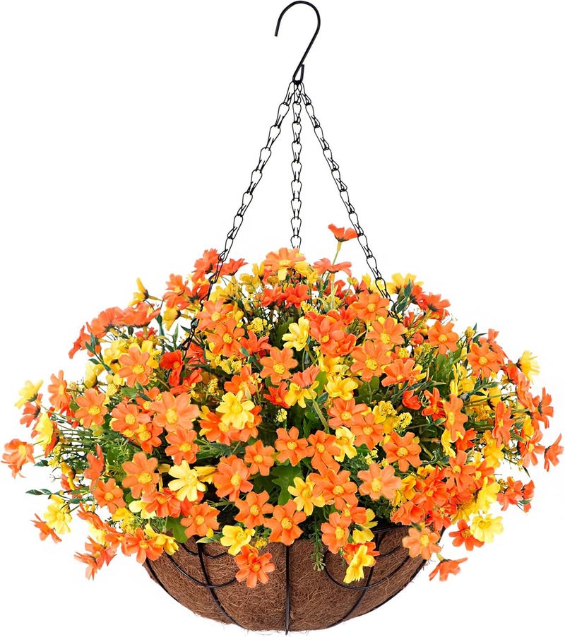 Ammyoo Artificial Hanging Flowers in Basket for Patio Garden Porch Deck Spring Summer Decor Fake Daisy ArrangementFaux Plants in 12 inch Coconut Lining Basket for OutdoorIndoorOrange