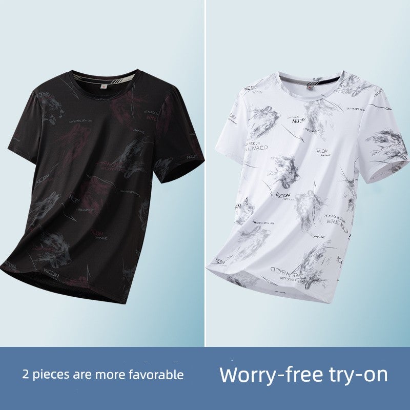 Ice silk short-sleeved T-shirt for men's summer thin trendy printed T-shirt, fashionable wrinkle-resistant ice-cold half-sleeved handsome top - Image 1