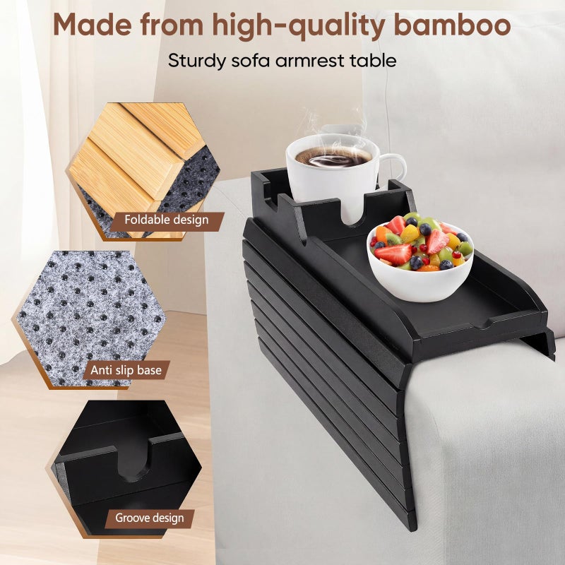 Dumbpec Foldable Bamboo Couch Arm Tray with Cup Holder - Anti-Slip Sofa Armrest Organizer for Drinks, Snacks, Remotes, Phones & More - Eco-Friendly Home Decor Gift (Black) - Image 3