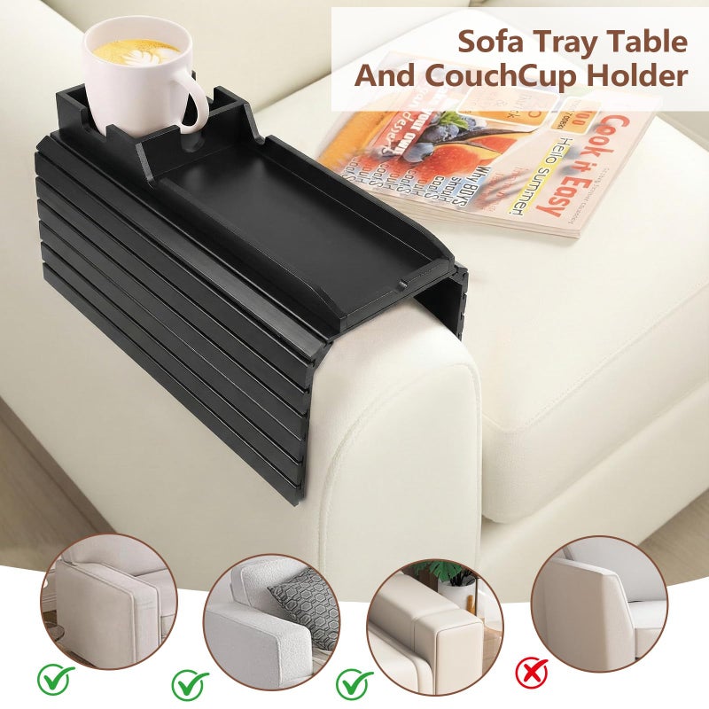 Dumbpec Foldable Bamboo Couch Arm Tray with Cup Holder - Anti-Slip Sofa Armrest Organizer for Drinks, Snacks, Remotes, Phones & More - Eco-Friendly Home Decor Gift (Black) - Image 4