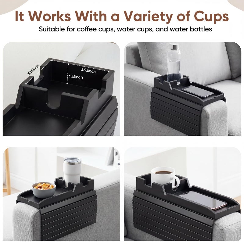 Dumbpec Foldable Bamboo Couch Arm Tray with Cup Holder - Anti-Slip Sofa Armrest Organizer for Drinks, Snacks, Remotes, Phones & More - Eco-Friendly Home Decor Gift (Black) - Image 5