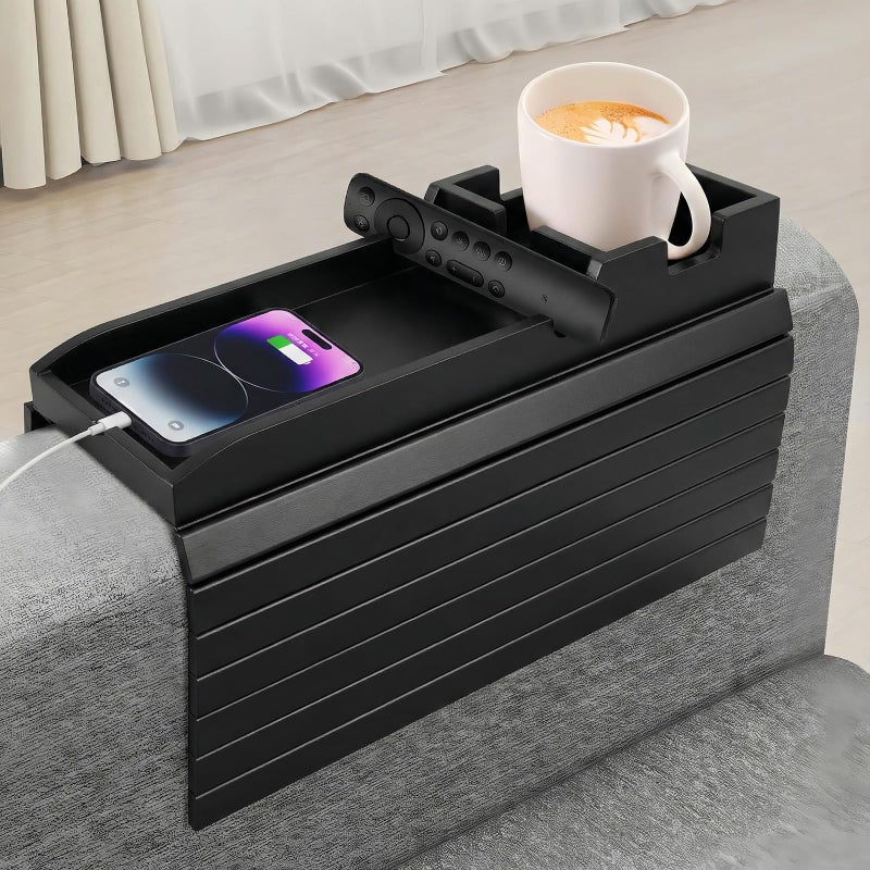 Dumbpec Foldable Bamboo Couch Arm Tray with Cup Holder - Anti-Slip Sofa Armrest Organizer for Drinks, Snacks, Remotes, Phones & More - Eco-Friendly Home Decor Gift (Black) - Image 1